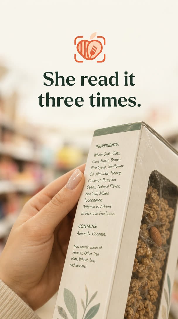 A shopper reading a dense ingredients label on a cereal box. Caption: she read it three times.