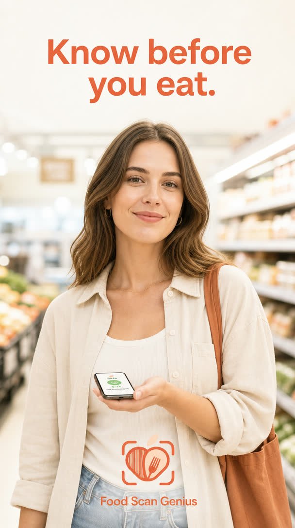 A shopper in an aisle holding her phone. Caption: know before you eat.