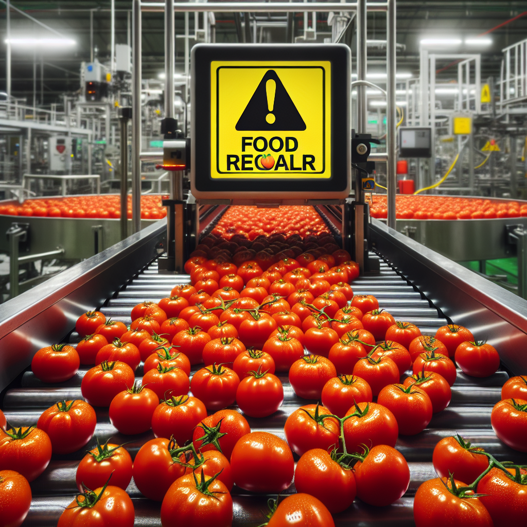 A vivid display of fresh tomatoes on a conveyor belt in a food processing plant, with a food recall warning sign in the background.
