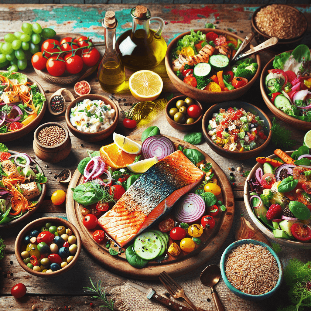 A colorful spread of Mediterranean dishes including grilled salmon, fresh salads, whole grains, and olive oil on a rustic table, vibrant and inviting.
