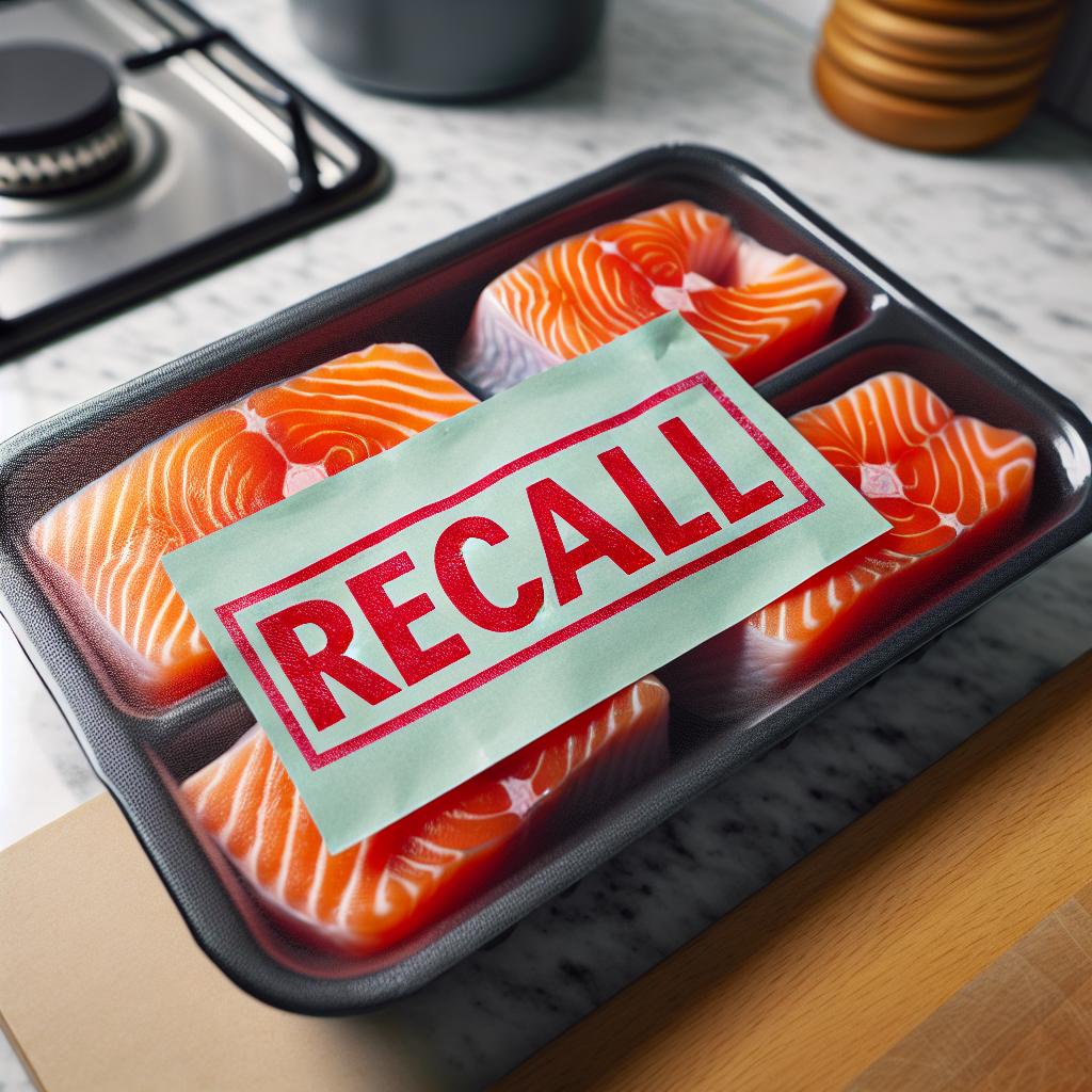 A close-up of packaged Aldi salmon with a bold red recall notice, highlighting allergy warning labels, set against a grocery store shelf background.