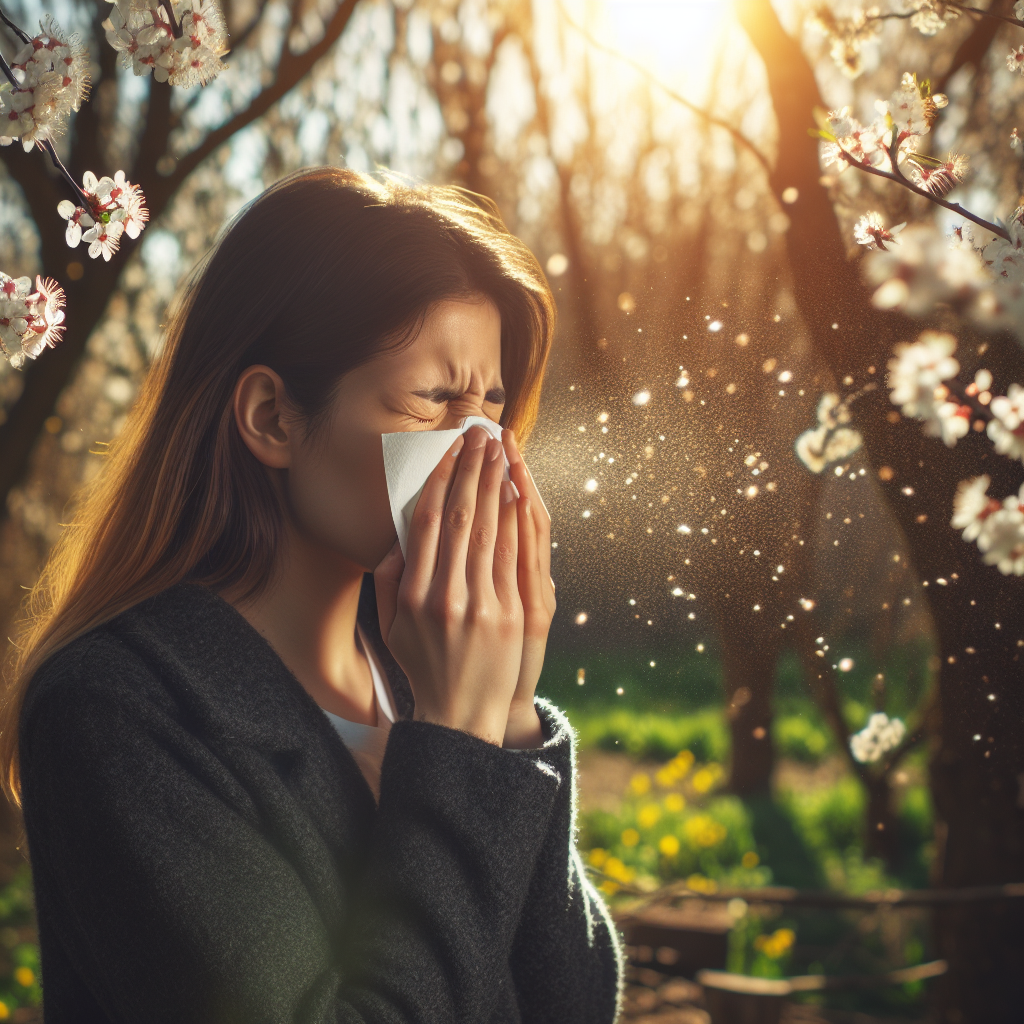 A person sneezing outdoors surrounded by blooming trees, high pollen count visible in the air, sunlight highlighting floating allergens, springtime setting.