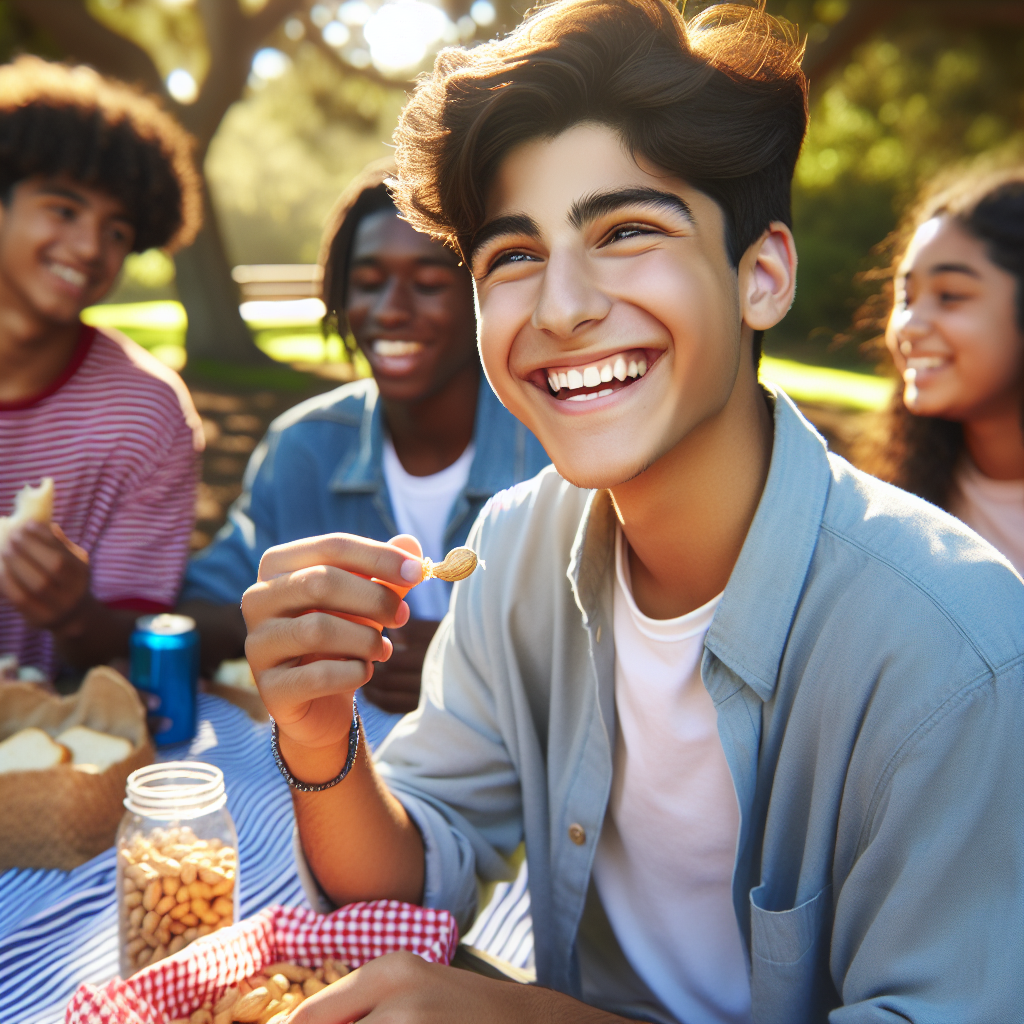 A smiling Bay Area teenager enjoying a picnic outdoors, confidently eating a snack, surrounded by friends, symbolizing relief from peanut allergy.