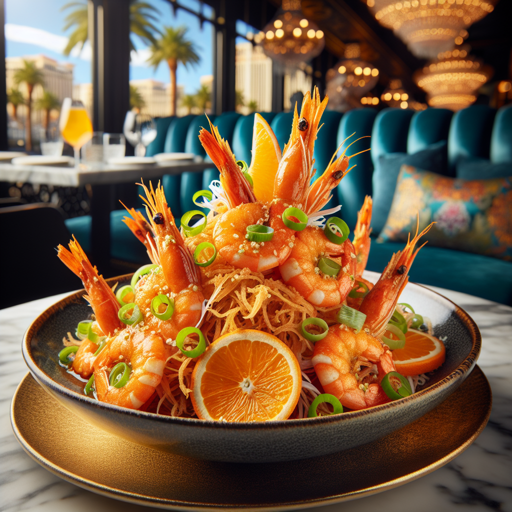 A vibrant plate of crispy orange shrimp garnished with fresh green onions and orange slices, set on a stylish restaurant table in Las Vegas.