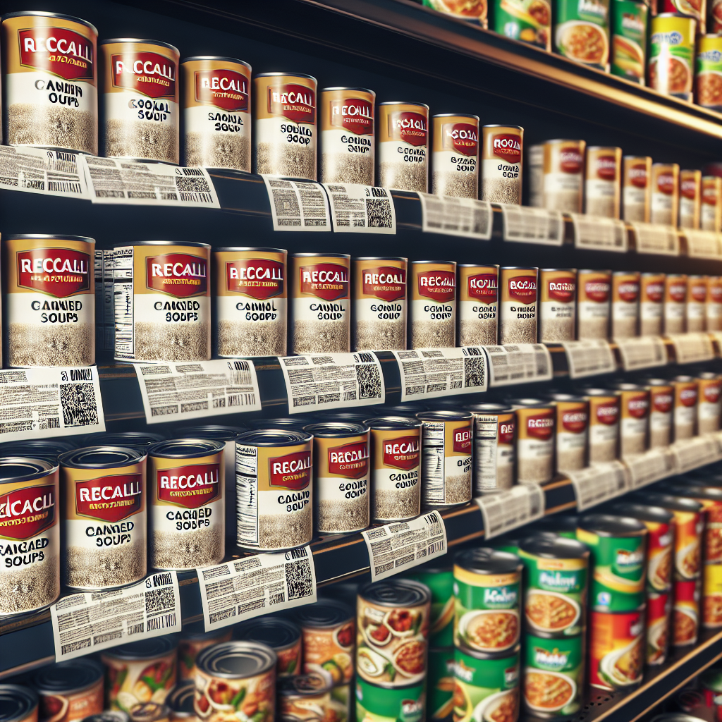 A variety of canned soups displayed on a grocery store shelf, some with recall notices attached, emphasizing food safety and consumer awareness.