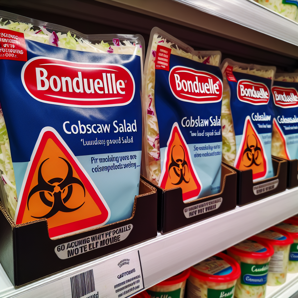 A supermarket shelf with Bonduelle coleslaw salad packages, one highlighted with a red warning label and a caution sign about food safety.