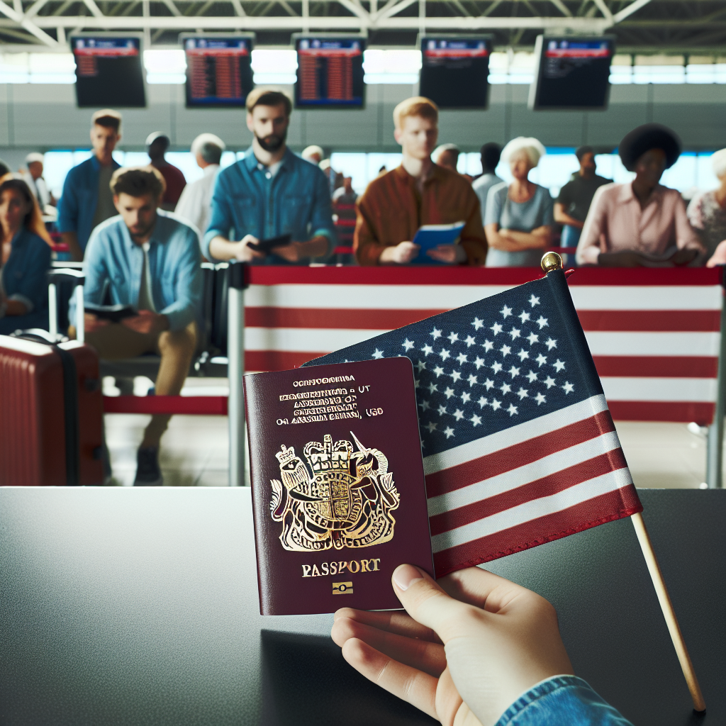 A British passport next to a US flag at an airport check-in counter, with travelers in the background preparing documents.