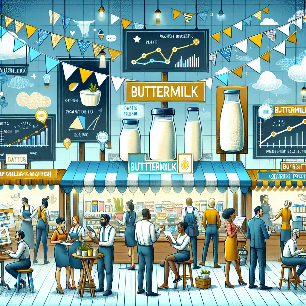 A vibrant, modern market scene featuring buttermilk products, charts showing upward trends, and professionals analyzing data.
