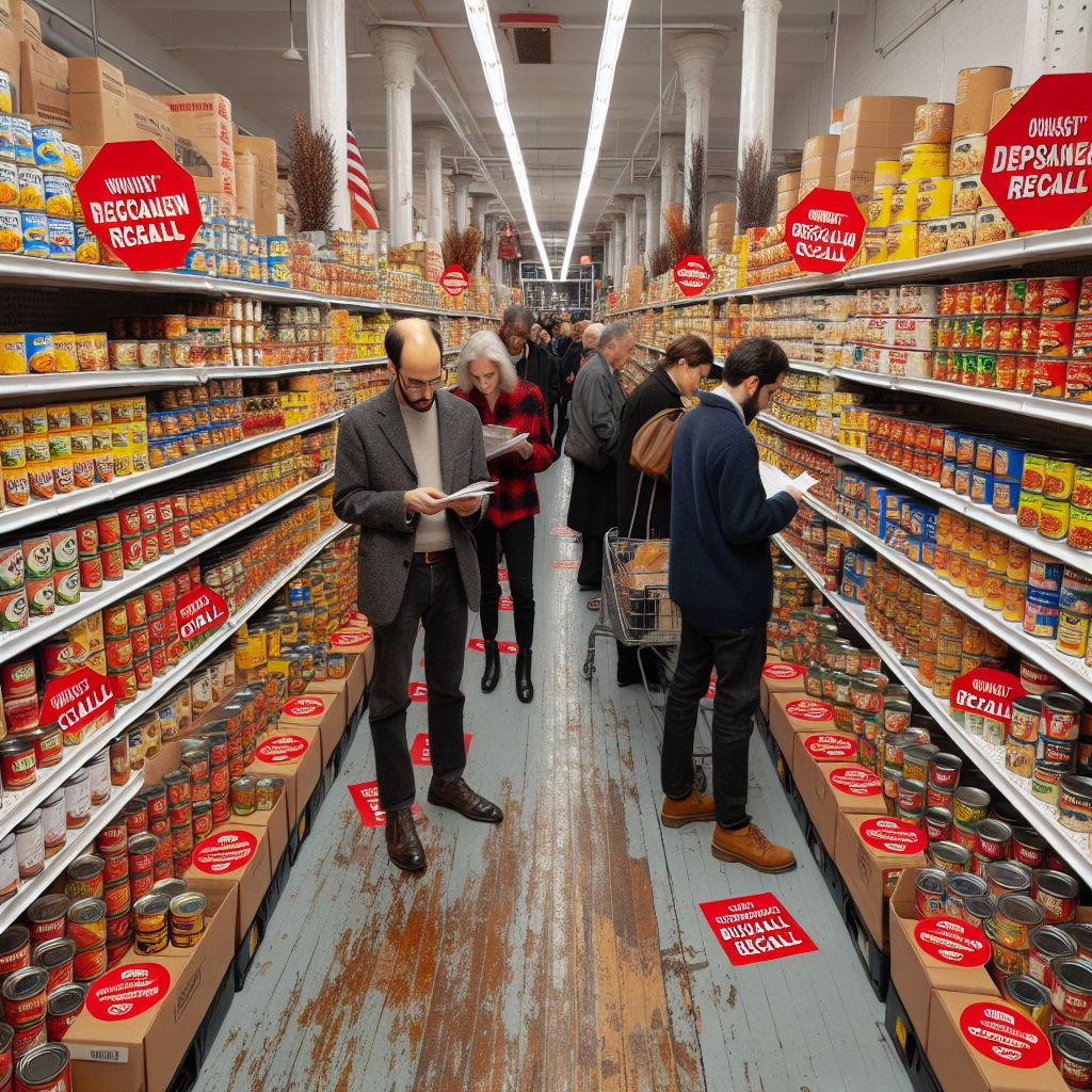 A shelf of assorted canned goods in a New York grocery store with a red warning recall label over several cans.