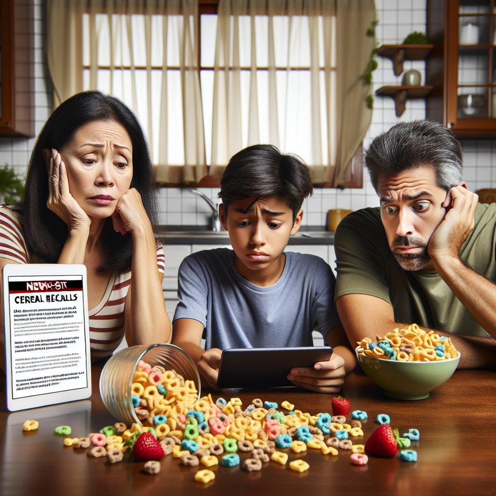 A kitchen table with an overturned cereal bowl, spilled colorful cereal pieces, and a concerned family reading a news alert about cereal recalls.