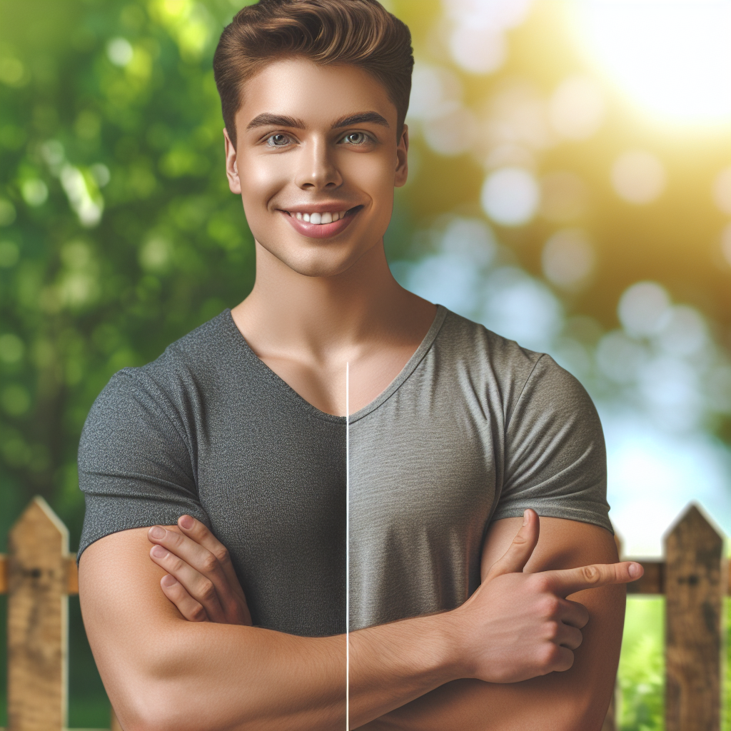 A confident Christopher Schwarzenegger smiling outdoors, showcasing his weight loss transformation, with a subtle background of nature and soft sunlight.