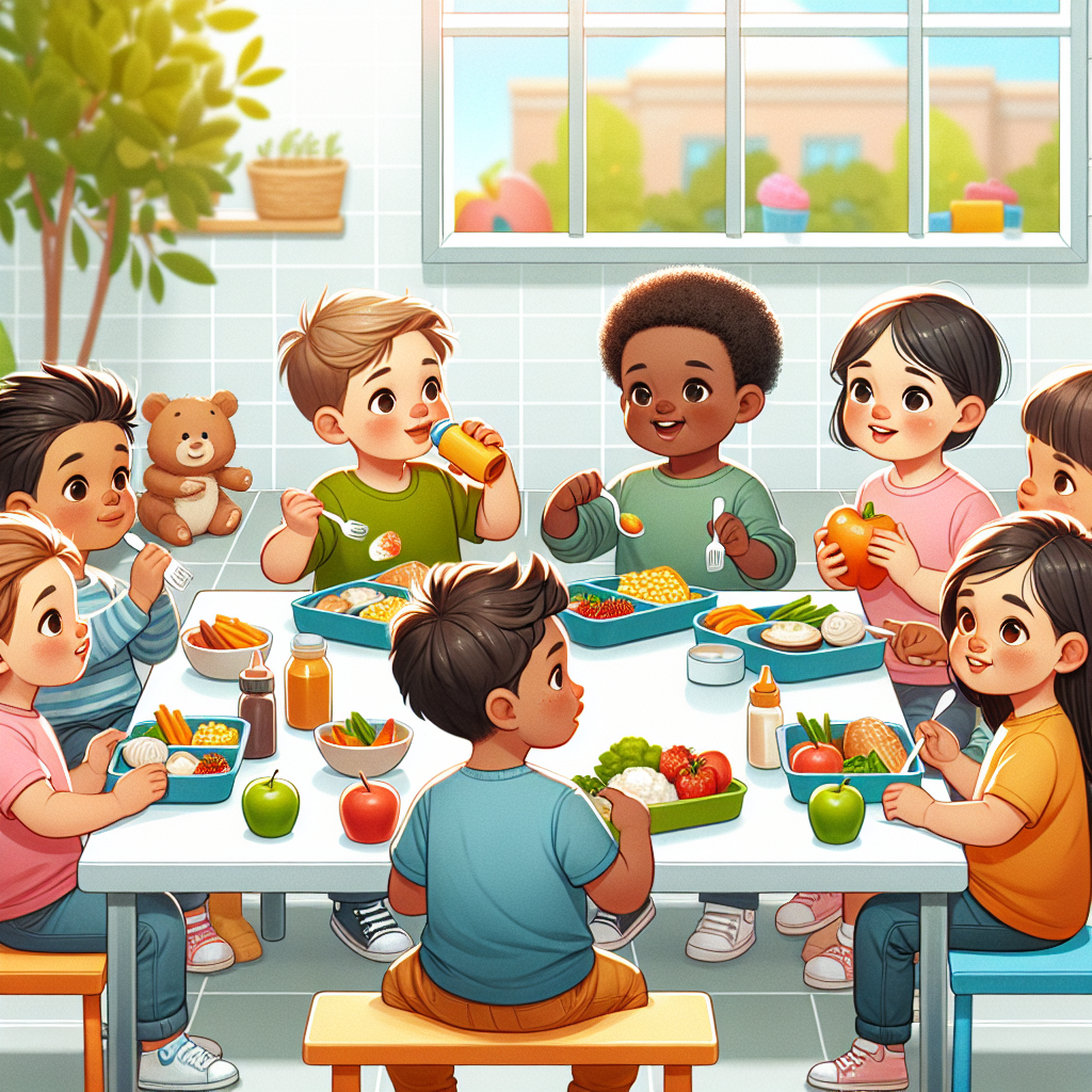 A group of young children eating lunch together at a nursery table, with a mix of healthy and less healthy food options visible, highlighting financial challenges.
