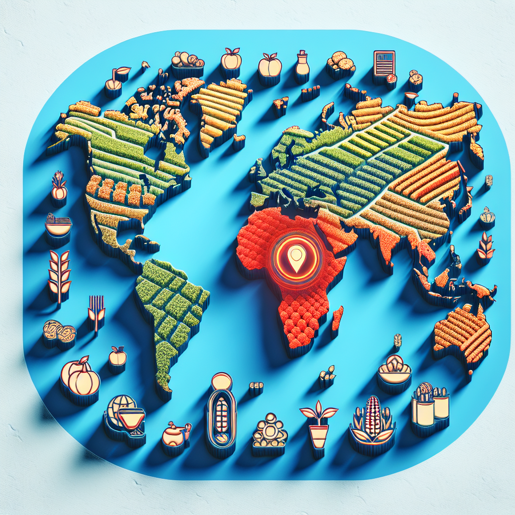 A world map highlighting one country in vibrant color, surrounded by agricultural fields and food icons, illustrating self-sufficient food production.
