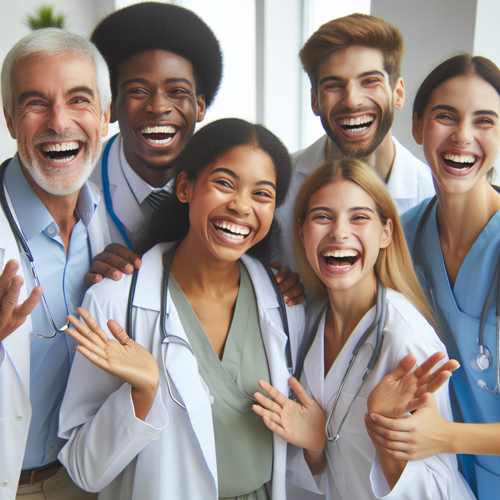 Diverse group of patients and healthcare professionals smiling in a modern clinic setting, symbolizing positive health outcomes and inclusivity.