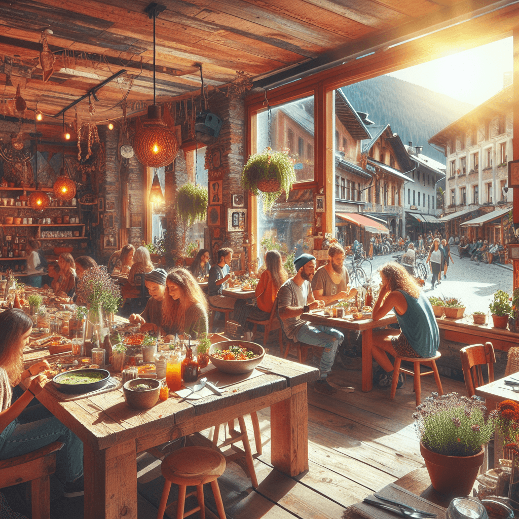 A cozy, sunlit downtown Asheville restaurant with vibrant vegan and vegetarian dishes on rustic wooden tables, patrons enjoying heartfelt fare.