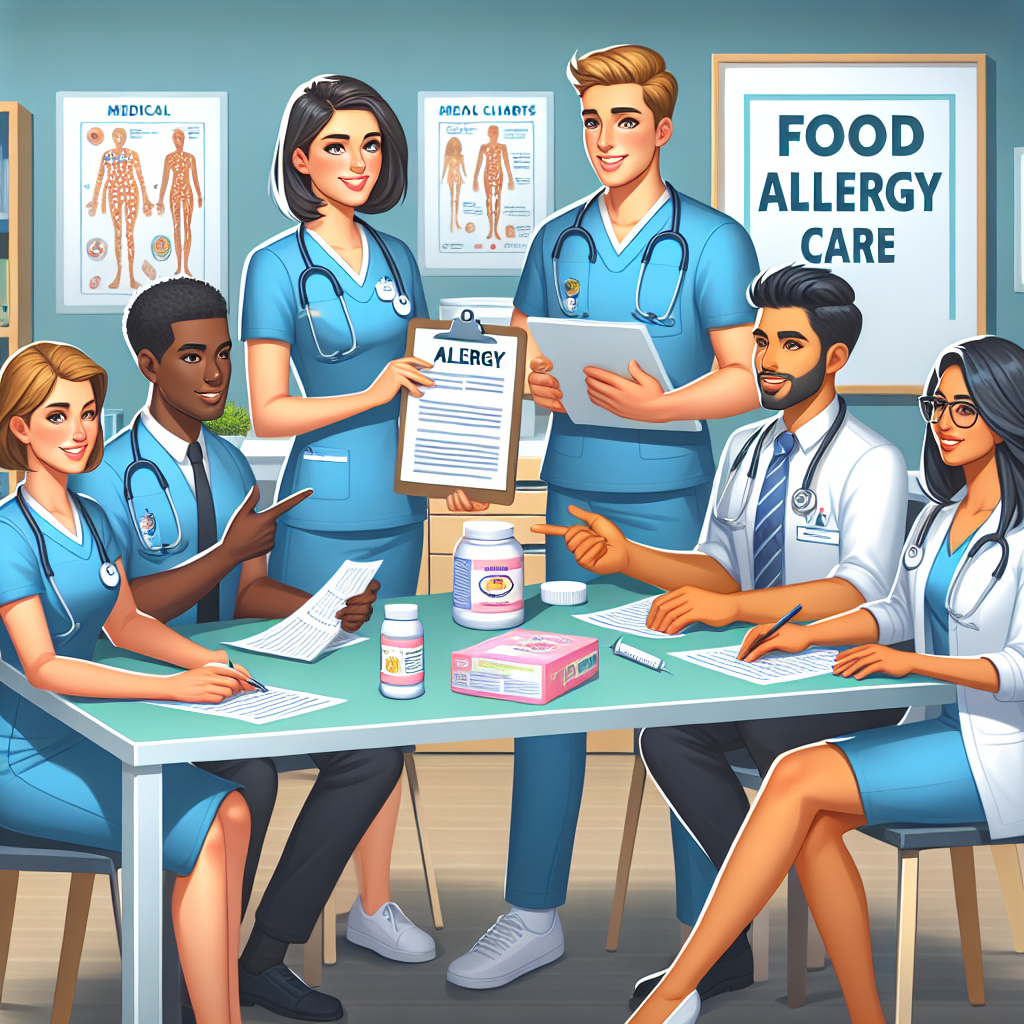 A diverse group of nurses confidently leading a hospital meeting about food allergy care, with medical charts and educational materials visible.