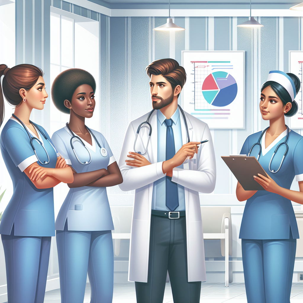 A diverse group of confident nurses discussing patient care in a modern hospital setting, with charts highlighting food allergy statistics.