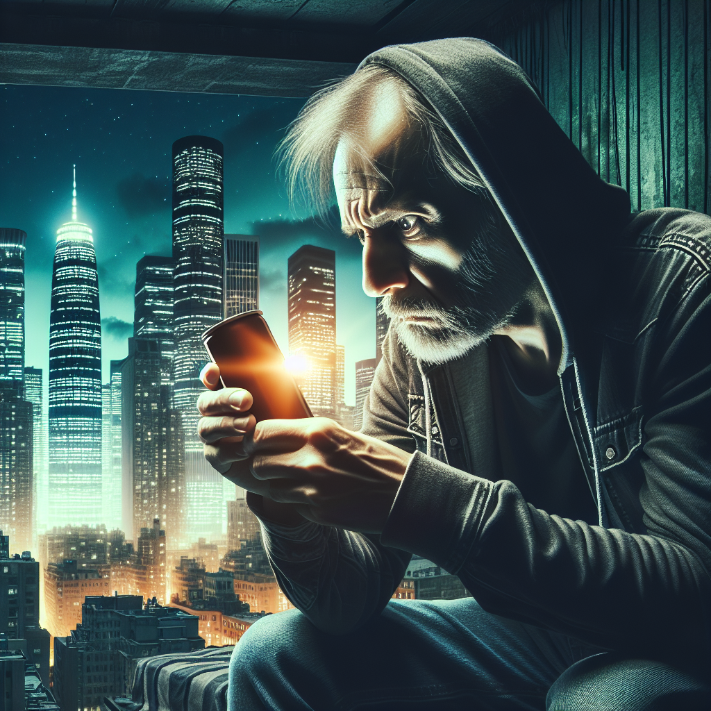 A concerned New Yorker reading a warning label on an energy drink can, city skyline in the background, dramatic lighting to emphasize caution.
