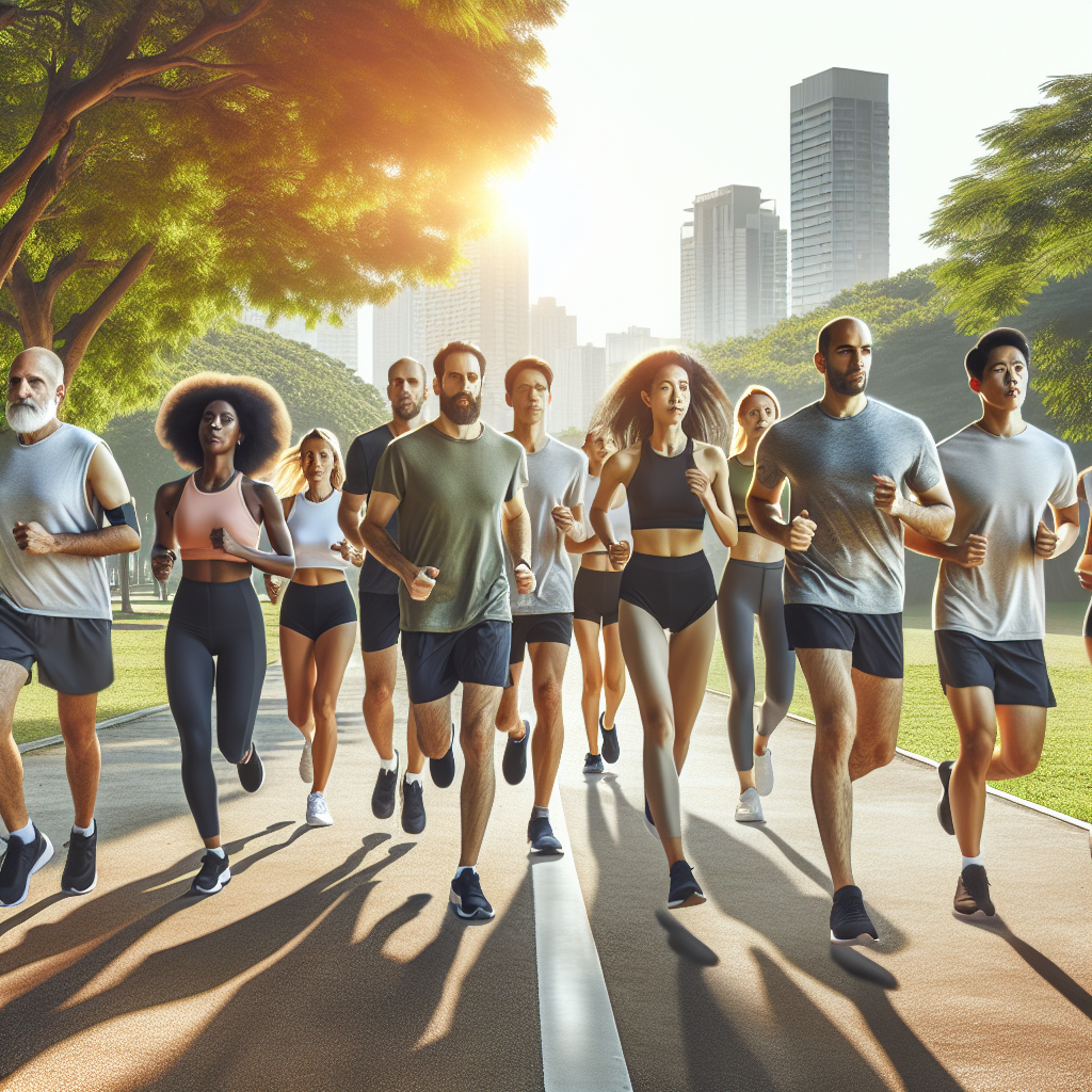A diverse group of people jogging together in a city park, showcasing different body types and ethnic backgrounds, under a bright morning sky.