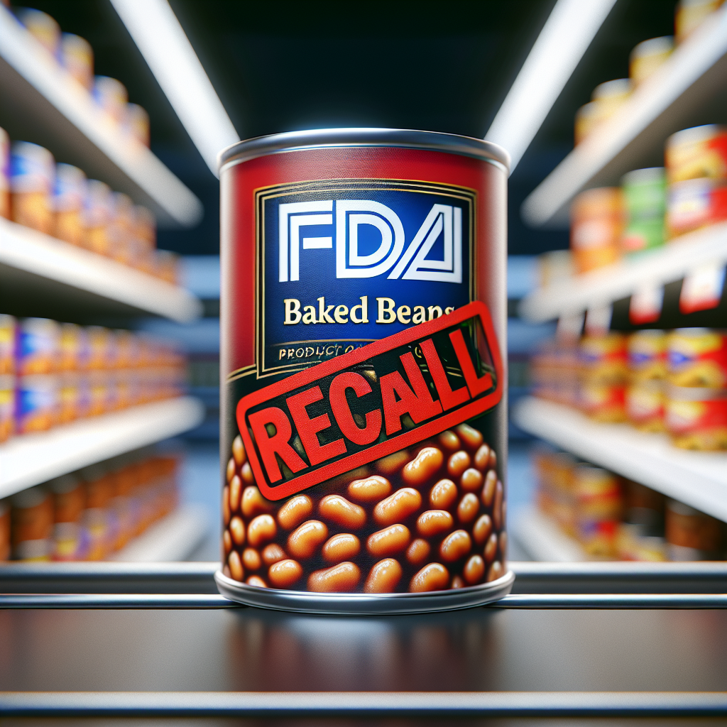 A close-up of canned baked beans on a grocery store shelf, with a red "RECALL" stamp overlay and the FDA logo visible in the background.