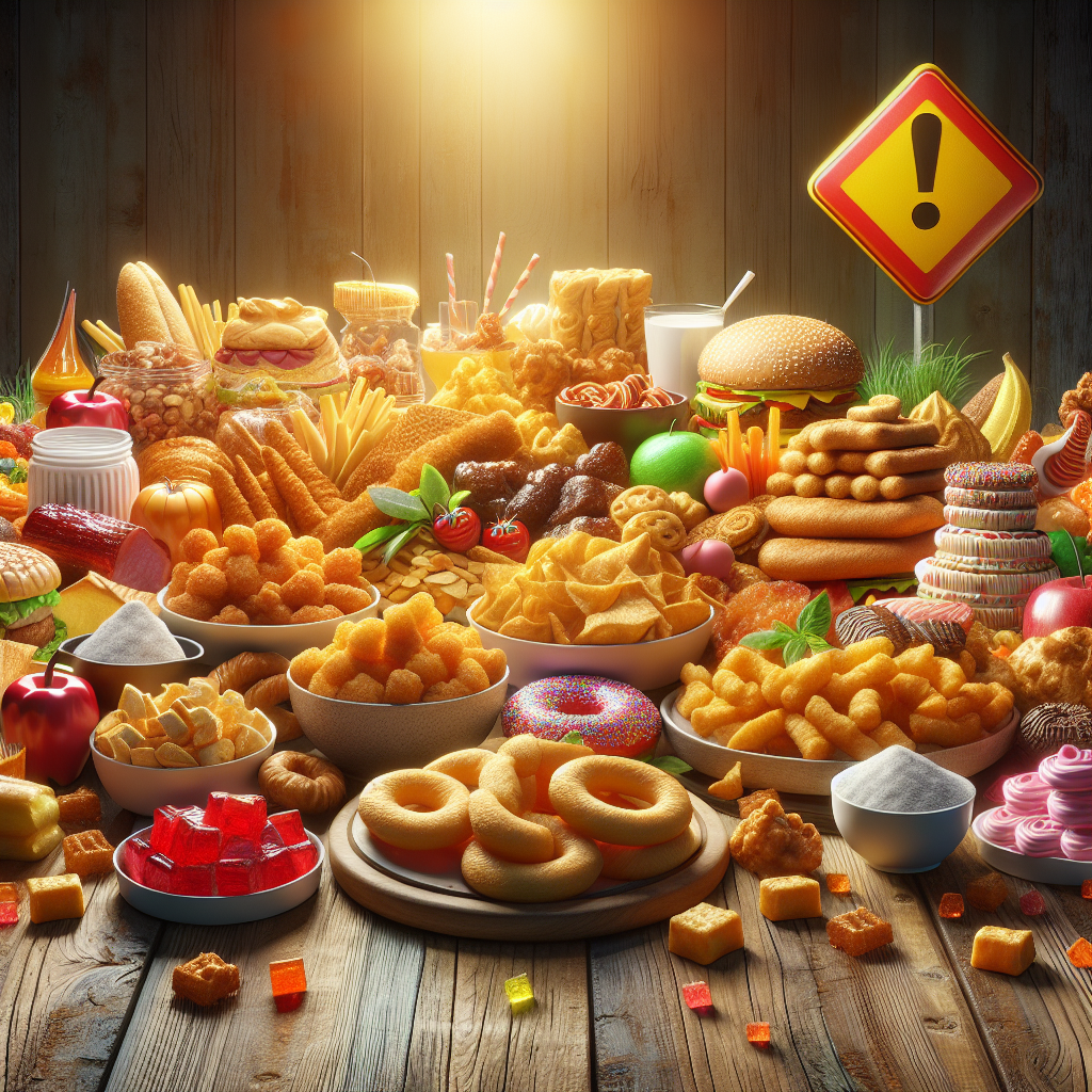 A colorful spread of unhealthy foods like fried items, sugary snacks, and processed meats on a wooden table, with a red warning sign overlay.