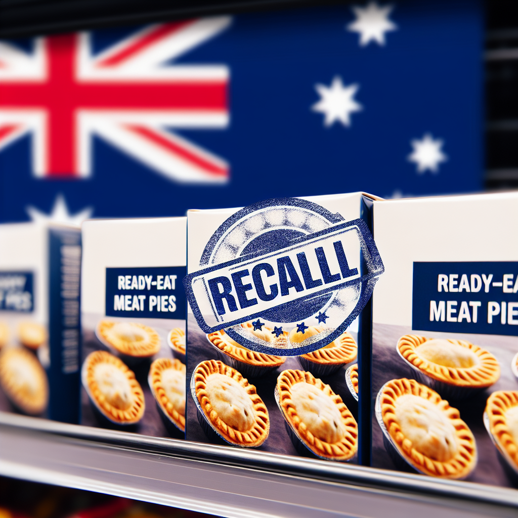 A close-up of packaged ready-to-eat meat pies on a grocery shelf, with a recall notice overlay and an Australian flag in the background.