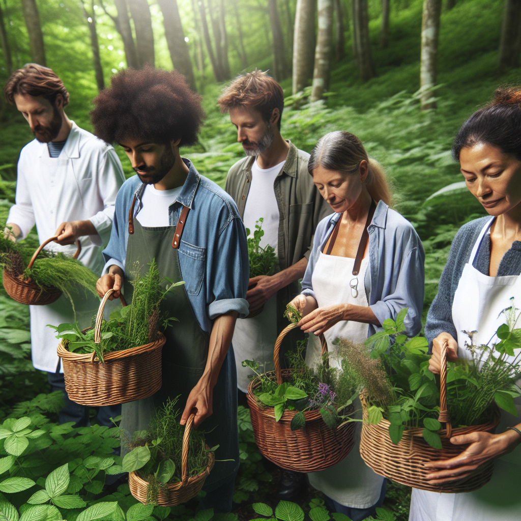 A diverse group of herbalists foraging wild edible plants in a lush green forest, holding baskets filled with vibrant herbs and greens, showcasing nature’s bounty.