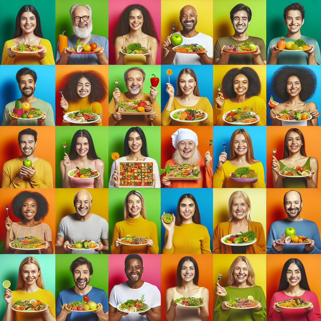 A vibrant collage of 24 well-known celebrities smiling, each holding a plate of colorful vegetarian food, set against a bright, inviting background.
