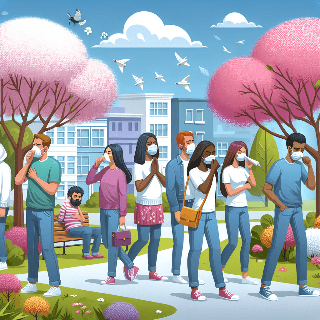 A suburban neighborhood with trees in bloom and people sneezing or wearing face masks, clear blue sky, springtime atmosphere, vibrant and realistic.
