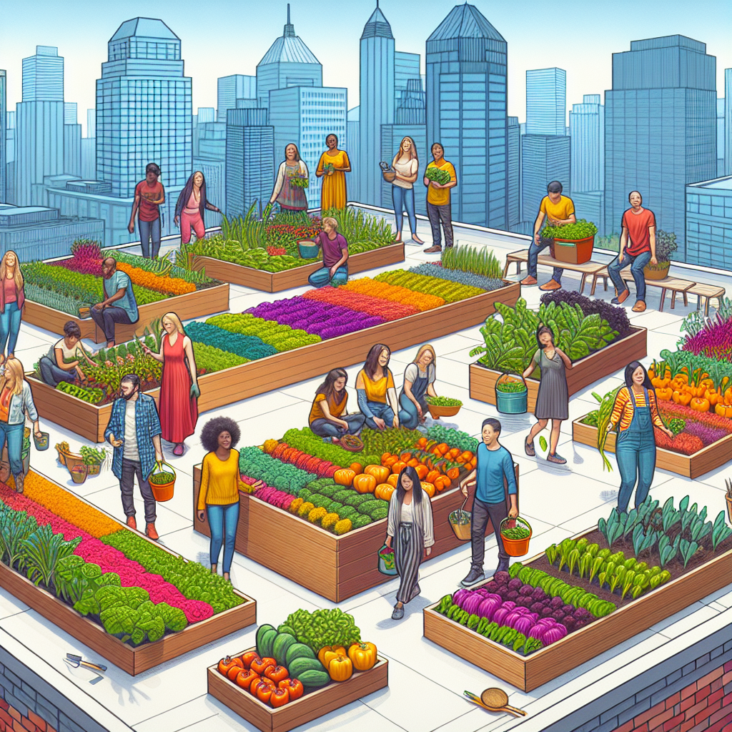 A vibrant rooftop garden atop a modern Augusta building, featuring diverse vegetables and people of various ages gardening together under sunny skies.