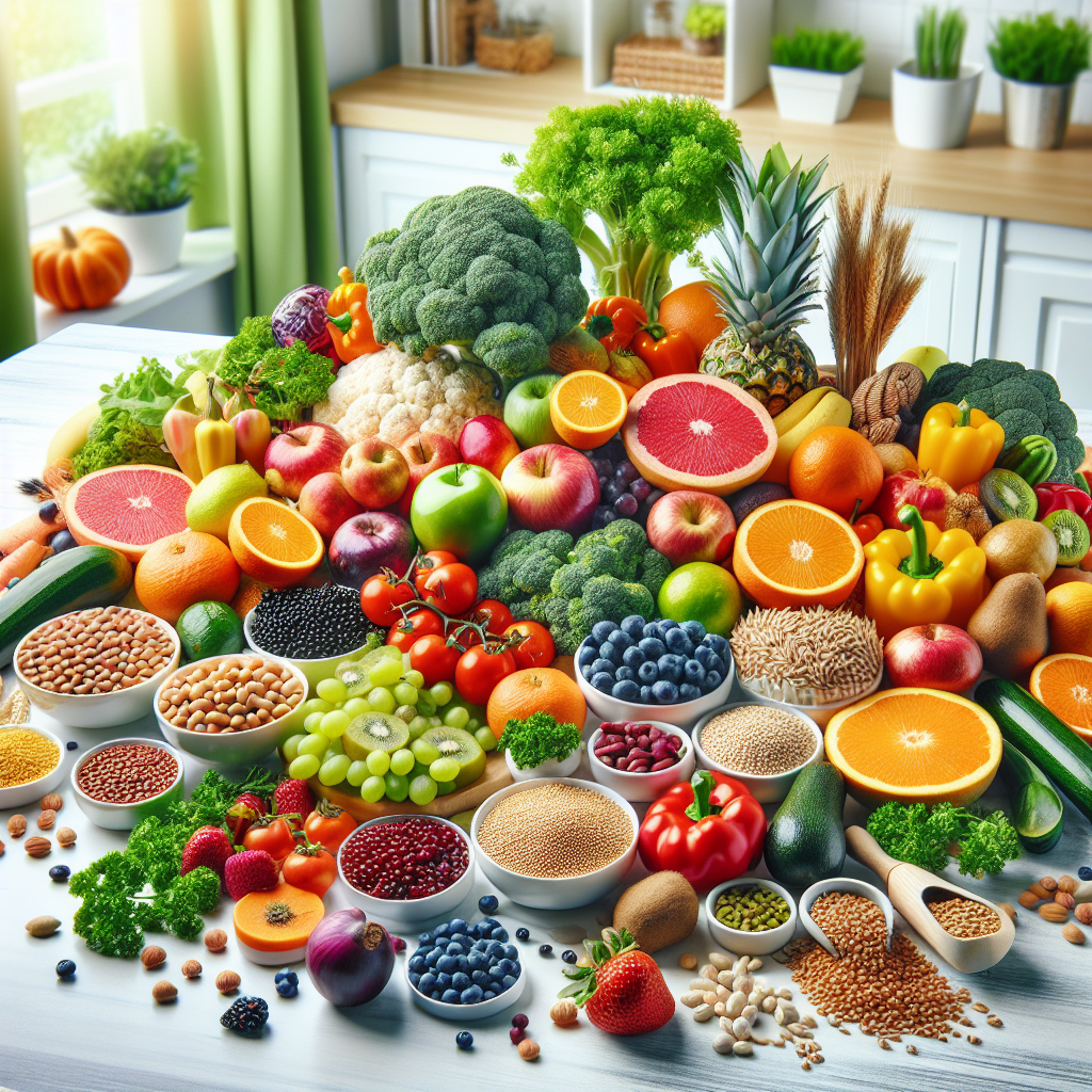 A colorful plate of fresh fruits, vegetables, whole grains, and legumes arranged to highlight high-fiber foods, photographed on a bright kitchen table.