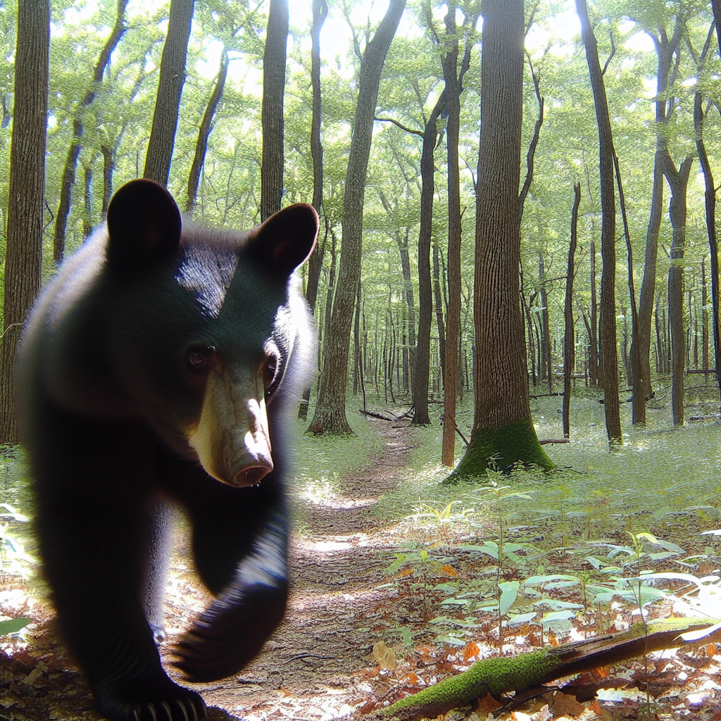 A black bear walking through a wooded area in southwestern Illinois, captured by a wildlife monitoring camera on a sunny day.