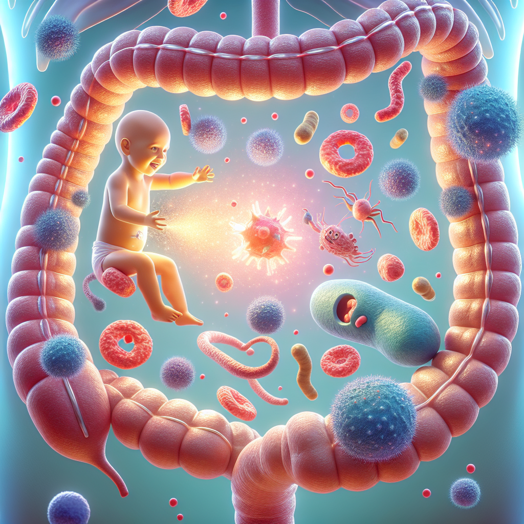 A vibrant, scientific illustration of immune Thetis cells interacting with food allergens in a young child’s gut, symbolizing allergy prevention in early life.