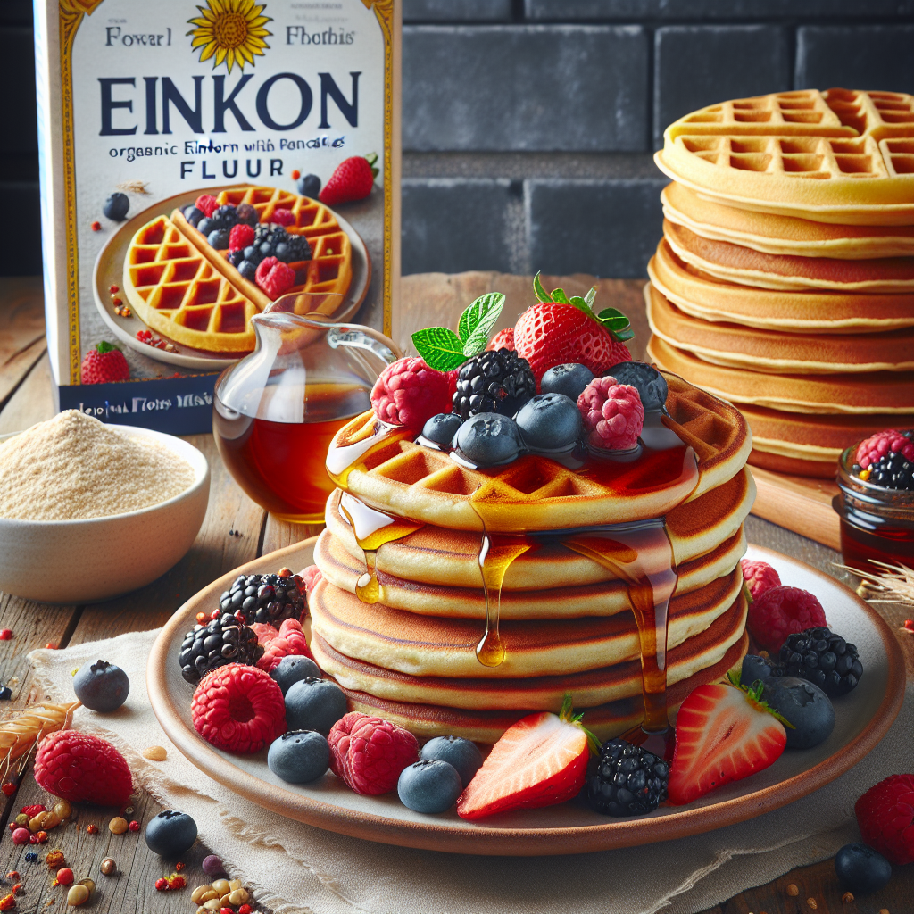 A stack of golden-brown pancakes and waffles made with organic einkorn flour, surrounded by fresh berries, syrup, and the Jovial Foods mix box on a rustic kitchen table.