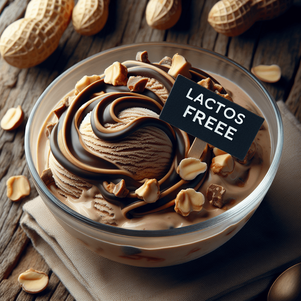 A scoop of creamy chocolate peanut butter ice cream in a bowl, labeled lactose-free, with peanut pieces and chocolate swirls, set on a rustic wooden table.