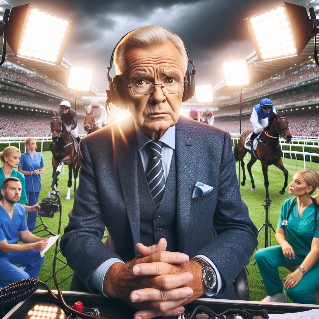 Mike Tirico looking concerned under bright studio lights at the Kentucky Derby, with medical staff in the background, capturing a tense live TV moment.