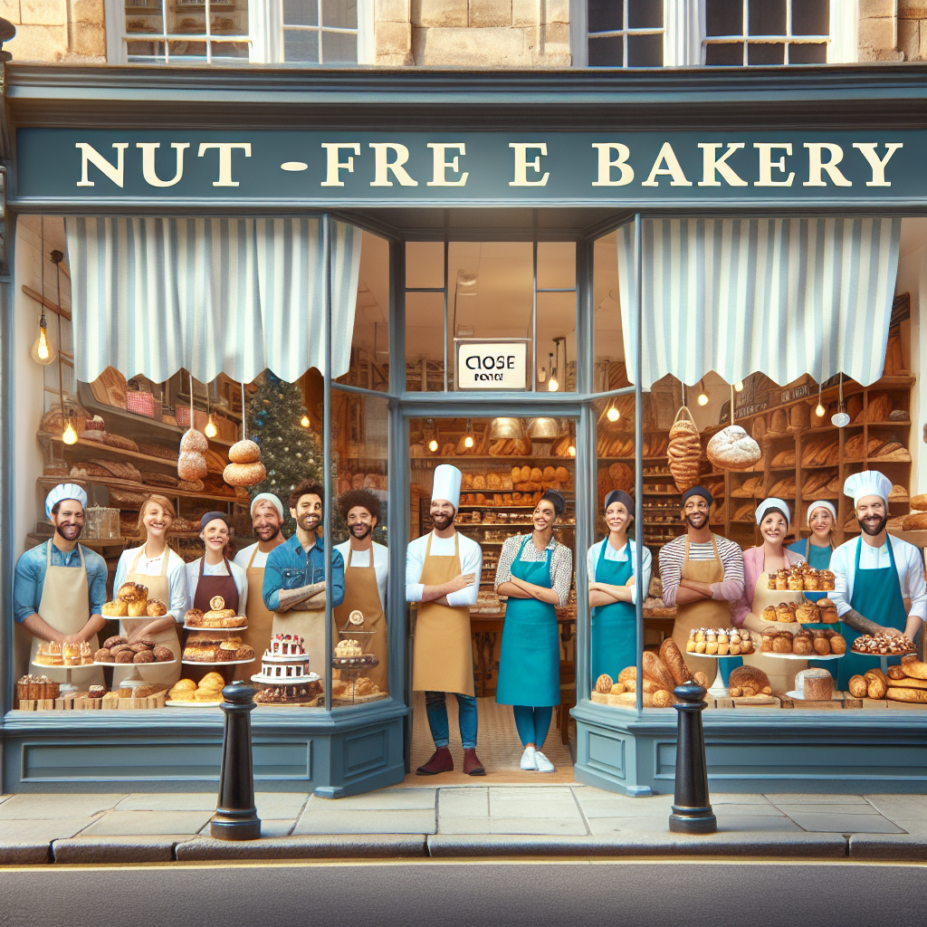 A cozy bakery storefront on Main Street, Milton, with a welcoming sign reading “Nut-Free Bakery,” displaying fresh pastries and smiling staff inside.
