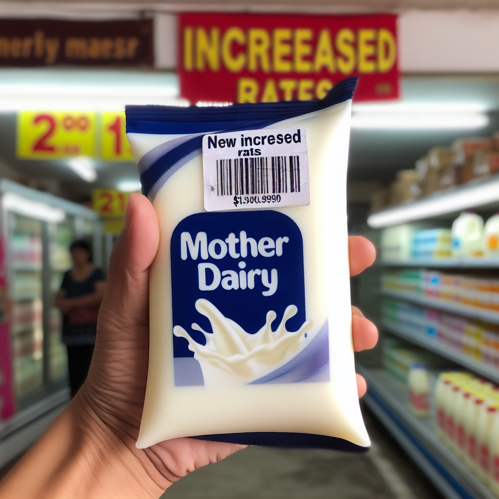 A close-up of a Mother Dairy milk packet being held in front of a local grocery store, with a visible price tag showing the new increased rates.