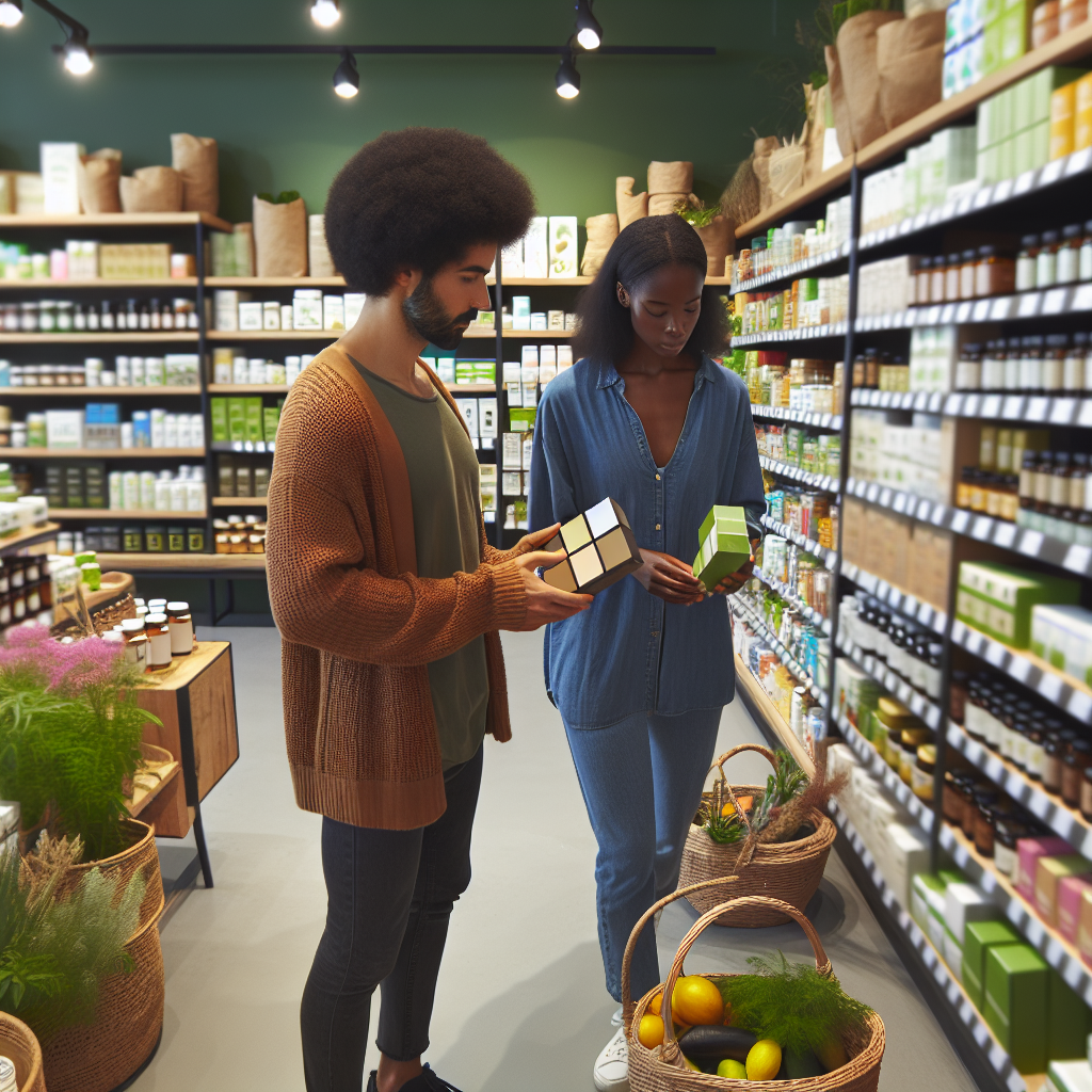 A vibrant retail store aisle with shelves of natural health products, organic groceries, and supplements, featuring shoppers examining eco-friendly brands.