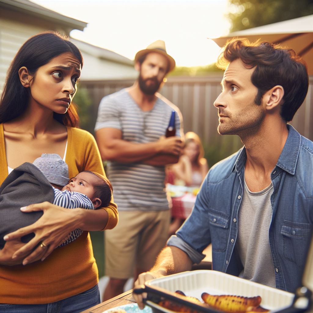 A frustrated new mom holding her newborn, looking at her husband who is chatting with friends at a backyard barbecue, capturing family tension.