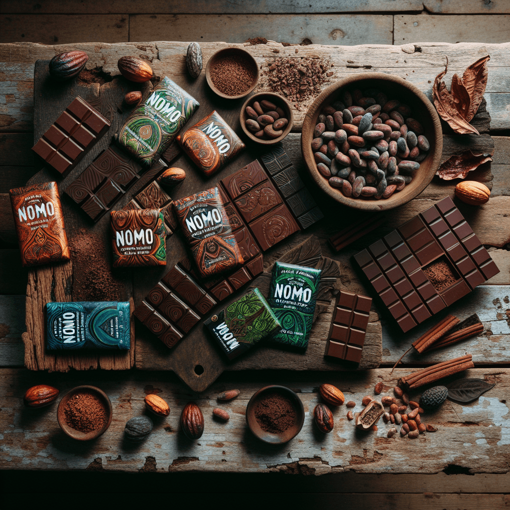 A vibrant display of assorted Nomo vegan chocolate bars on a rustic wooden table, surrounded by cacao beans and plant-based ingredients.