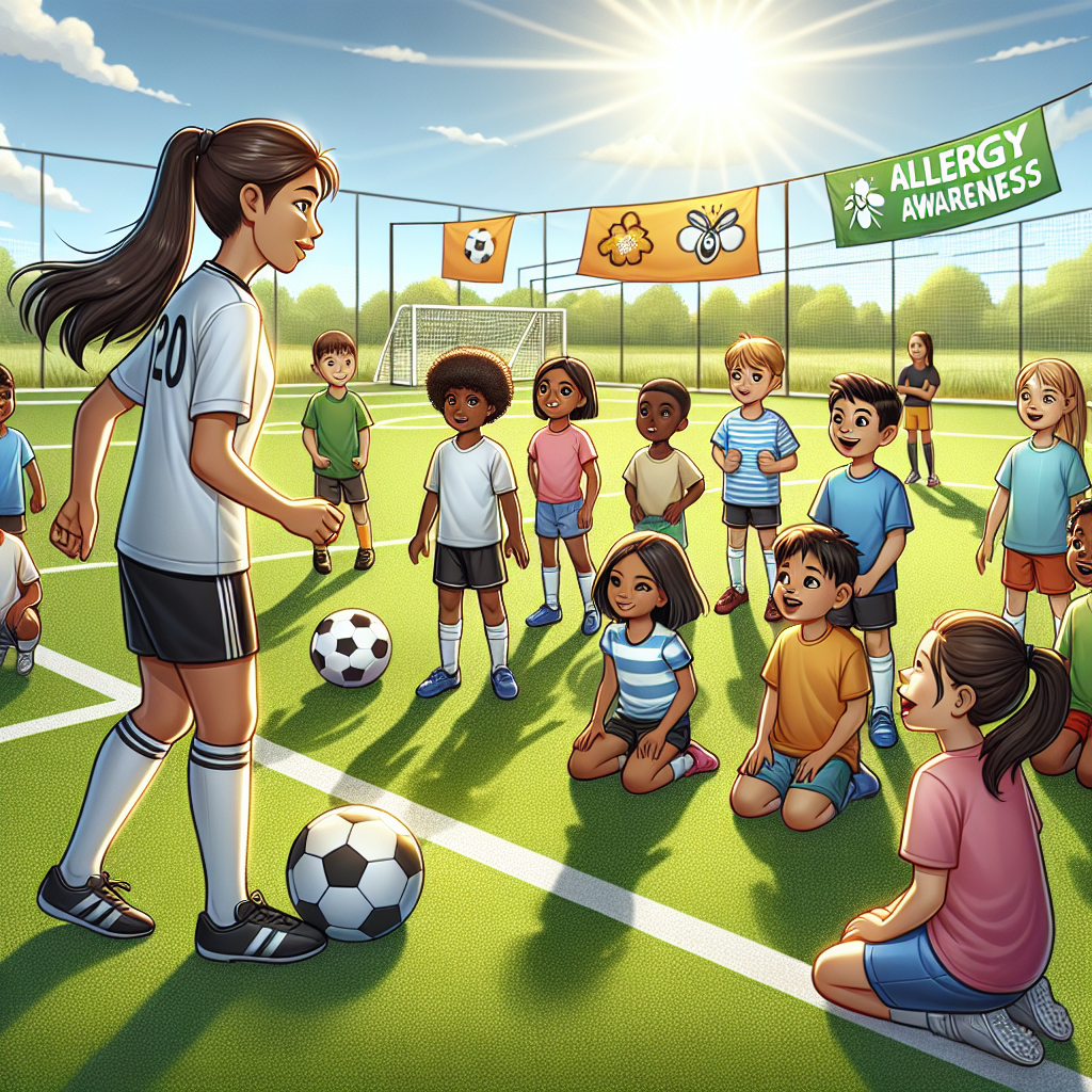 Olympic soccer players coaching a diverse group of kids at a youth soccer clinic, with allergy awareness banners in the background, sunny outdoor field.