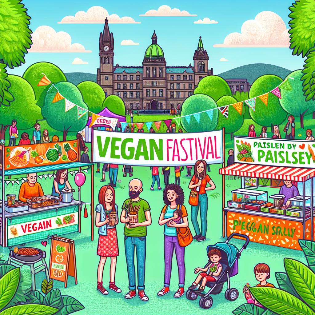 A vibrant vegan festival in Paisley, Scotland, with colorful plant-based food stalls, smiling families, and banners celebrating veganism in a summer park setting.