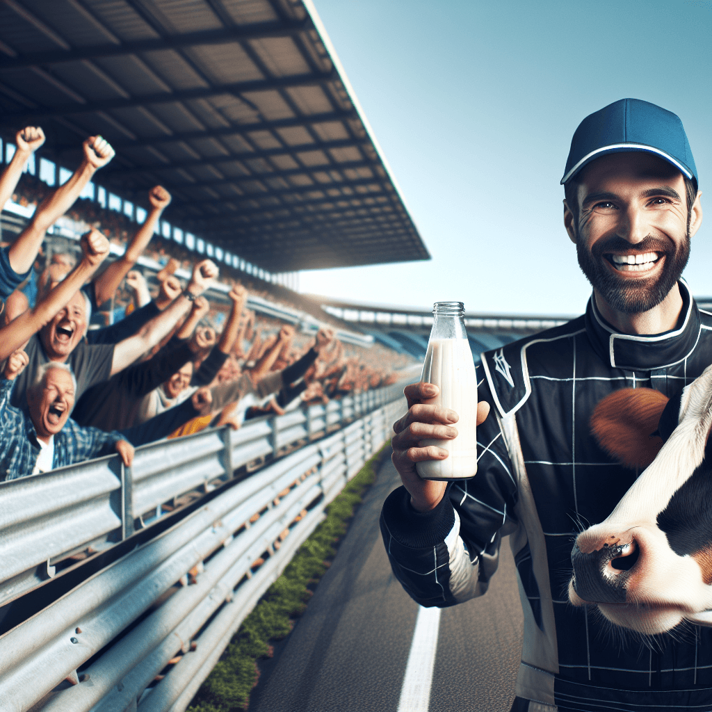Pato O’Ward in racing gear, smiling and holding a milk bottle beside a cow at a racetrack, fans cheering in the background.