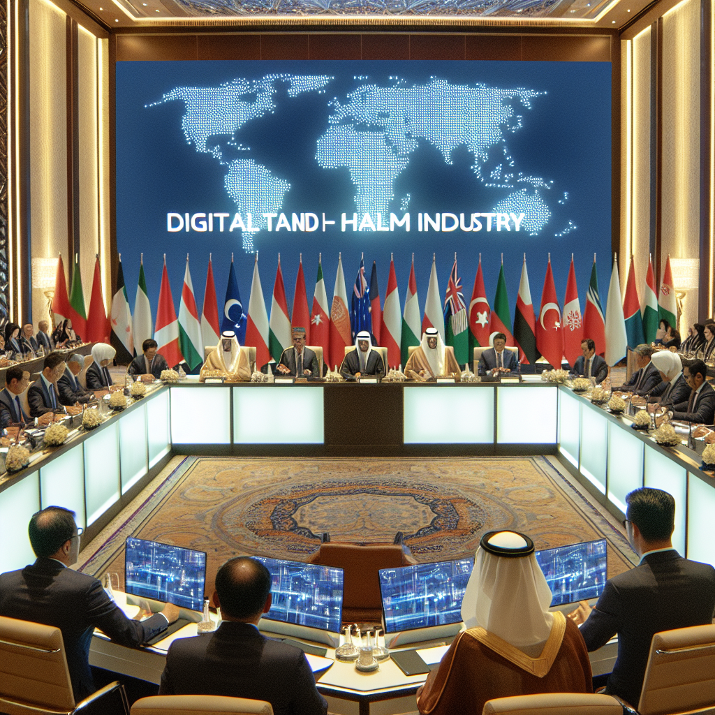 A formal international summit scene with leaders from ASEAN and Gulf states discussing digital trade and halal industry opportunities, with flags in the background.