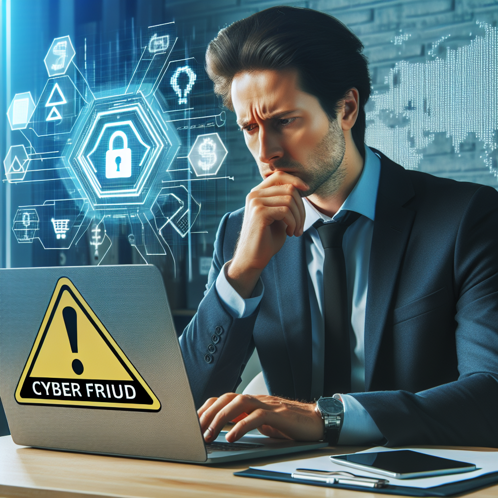 Worried businessman in an office looking at a laptop screen displaying a warning sign for cyber fraud, with digital money and phishing graphics in the background.
