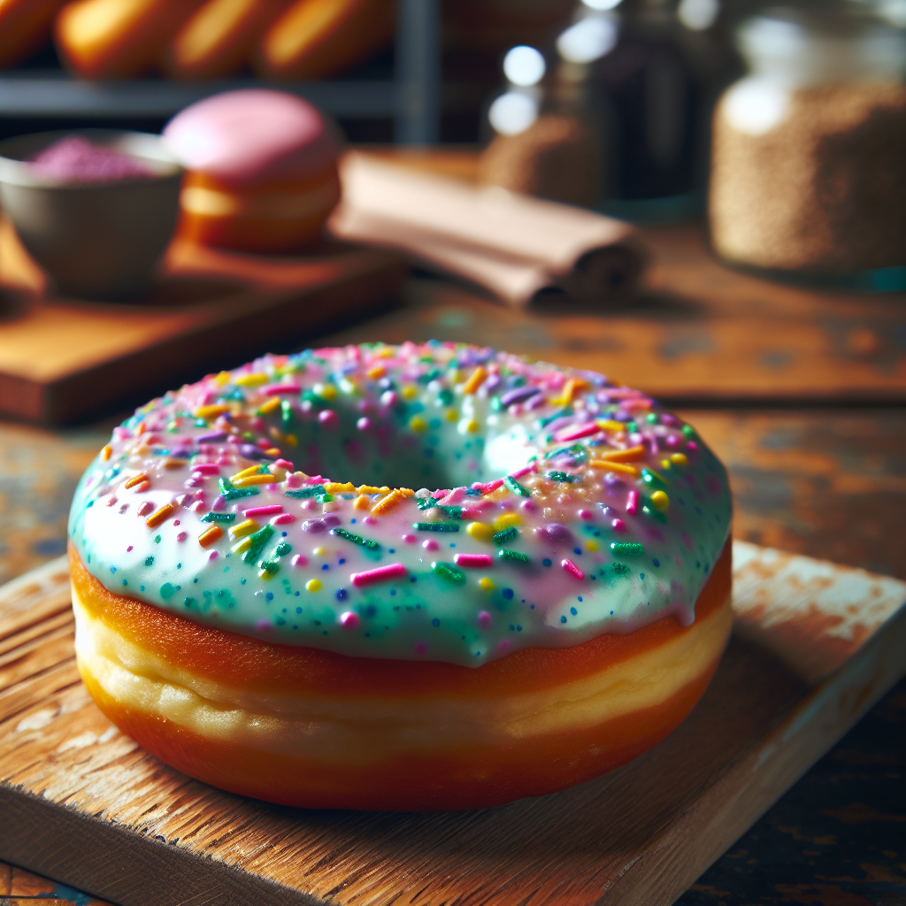 A close-up of a freshly baked vegan doughnut with colorful glaze, displayed on a rustic wooden board in a stylish artisan bakery setting.