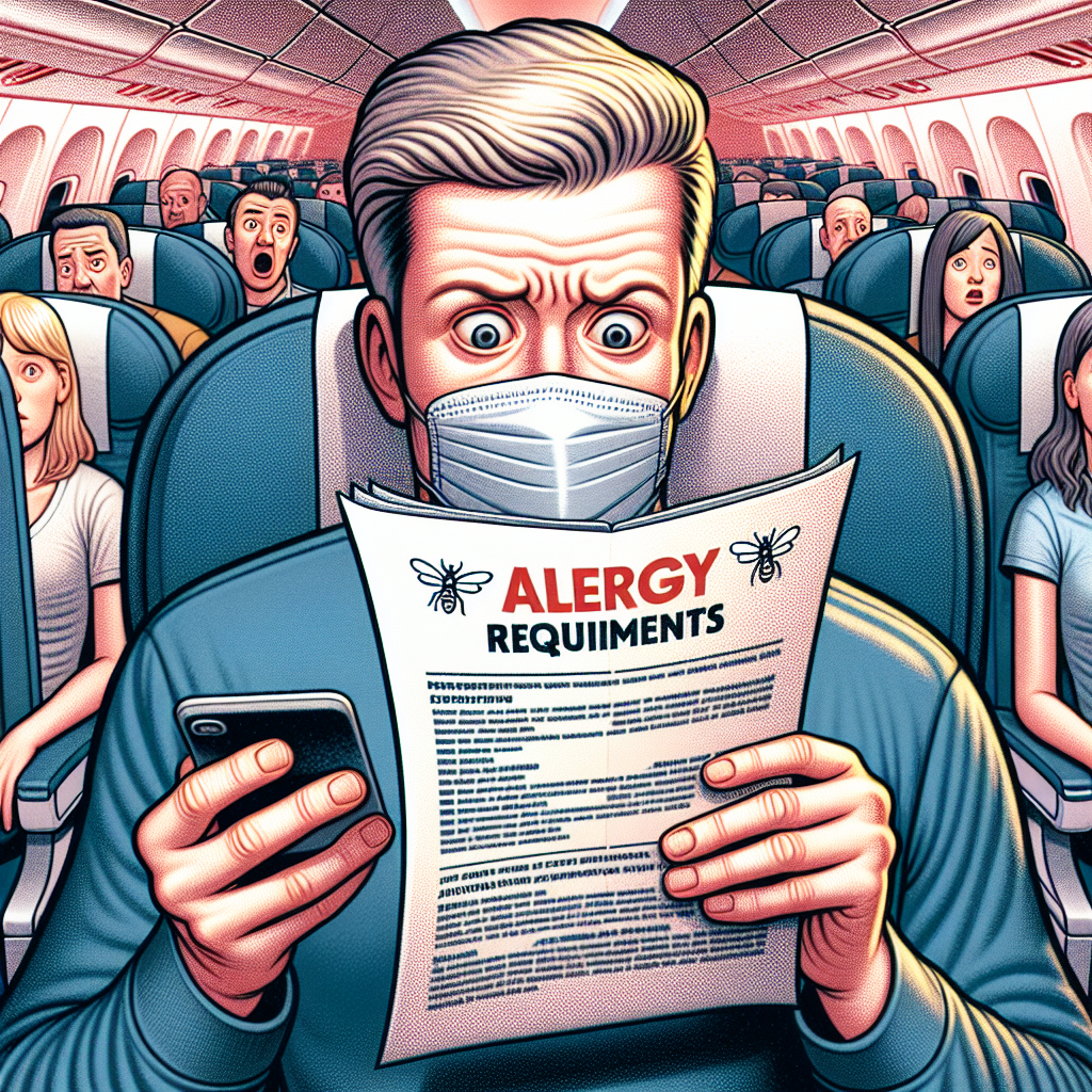 A close-up photo of a passenger holding a large, printed list of allergy demands on an airplane with surprised fellow passengers in the background.