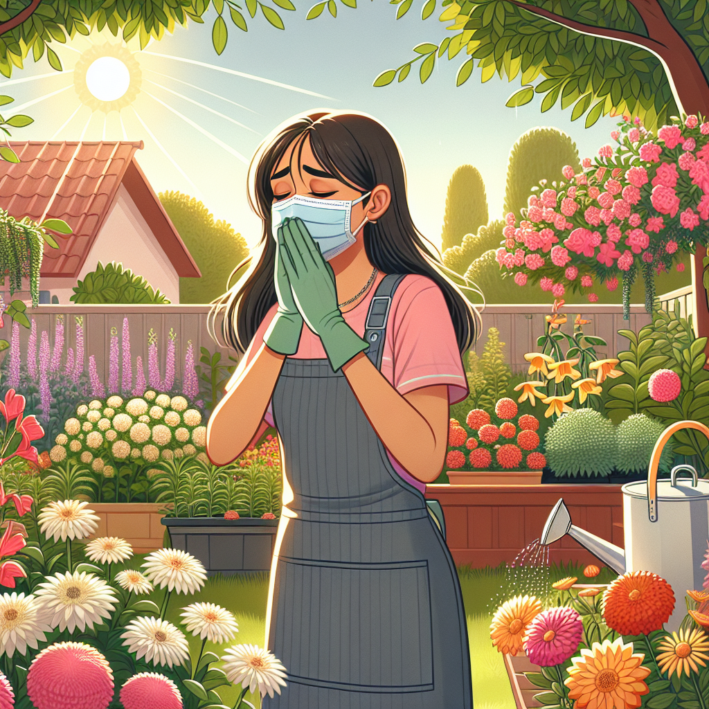 A sunny San Diego backyard garden with blooming flowers and lush greenery, a gardener wearing a mask and gloves, visibly sneezing or wiping nose.
