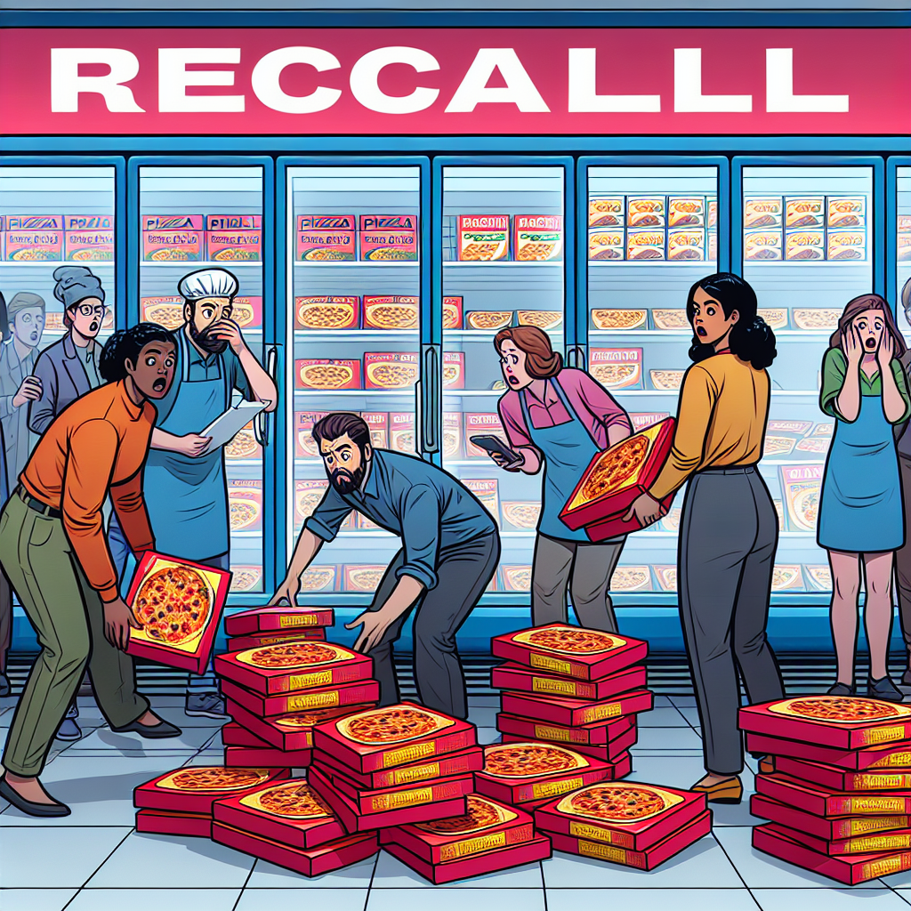 A supermarket freezer section with pizza boxes being removed by staff, showing concerned shoppers and a clear recall notice in the background.